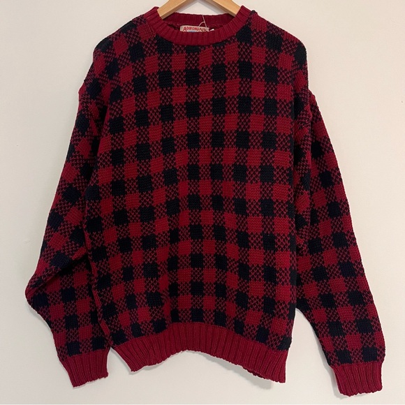 Adirondack by Savile Row Cotton Red Black Buffalo Plaid Check Sweater Large NWT - Picture 1 of 8